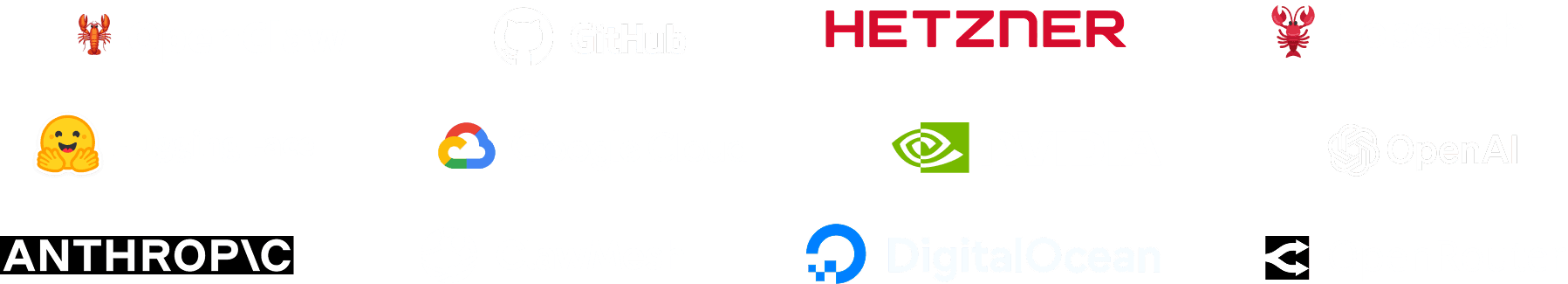 Partners — Hugging Face, GitHub, Hetzner, Google Cloud, NVIDIA, OpenAI, Anthropic, DigitalOcean and more